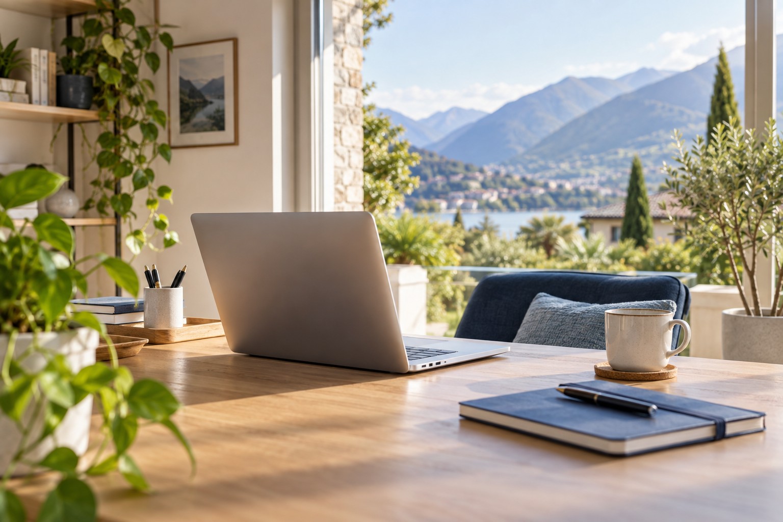 Un computer su una scrivania luminosa, con vista sul paesaggio ticinese